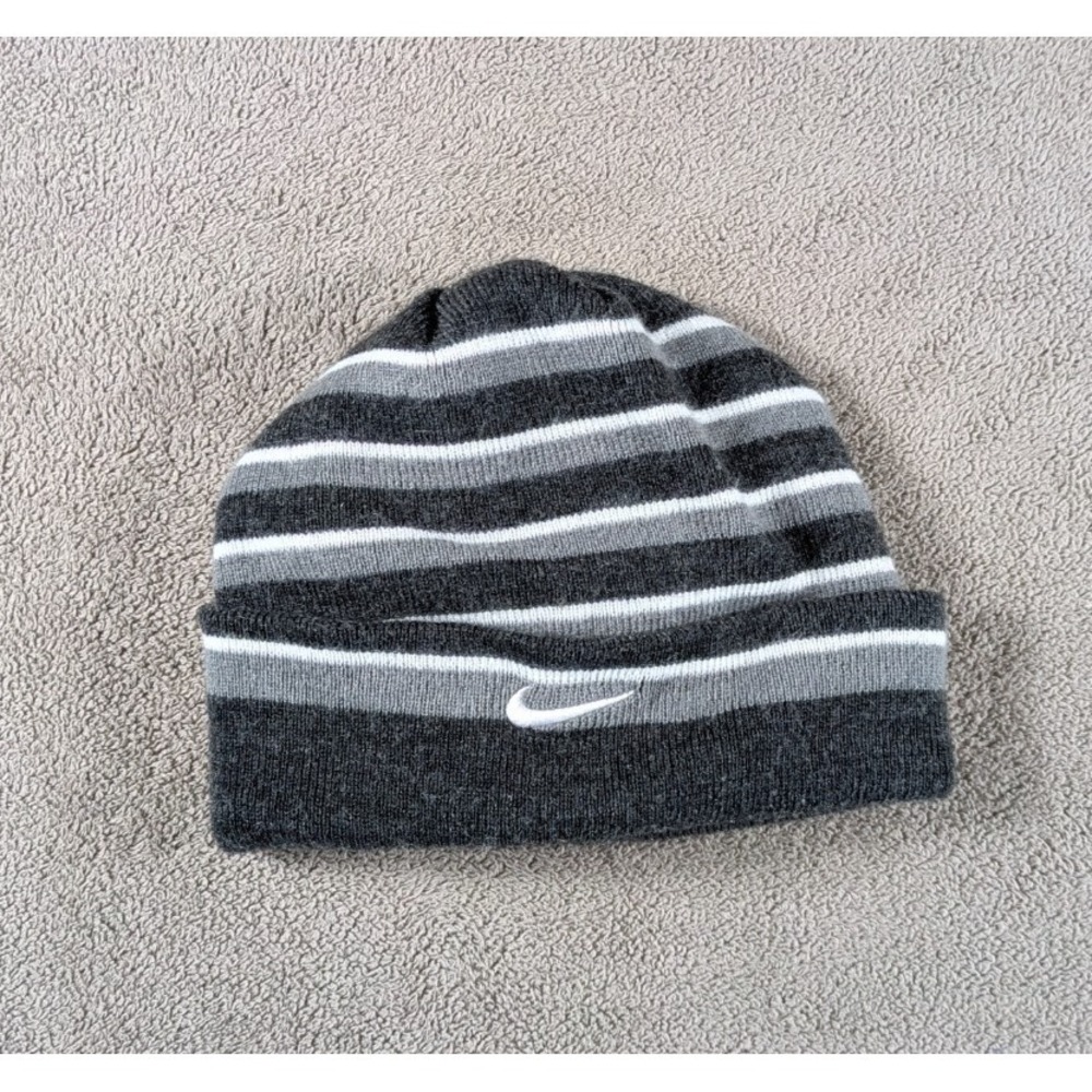 Nike Beanie Cap Boys One Size Black Gray Striped Knitted Winter Swoosh Logo